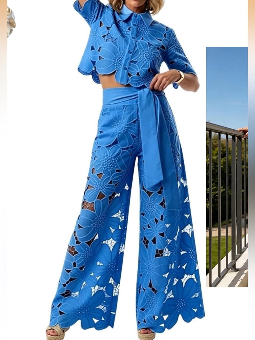 Blue Floral Lace Wide-Leg Pants with tie waist sz M